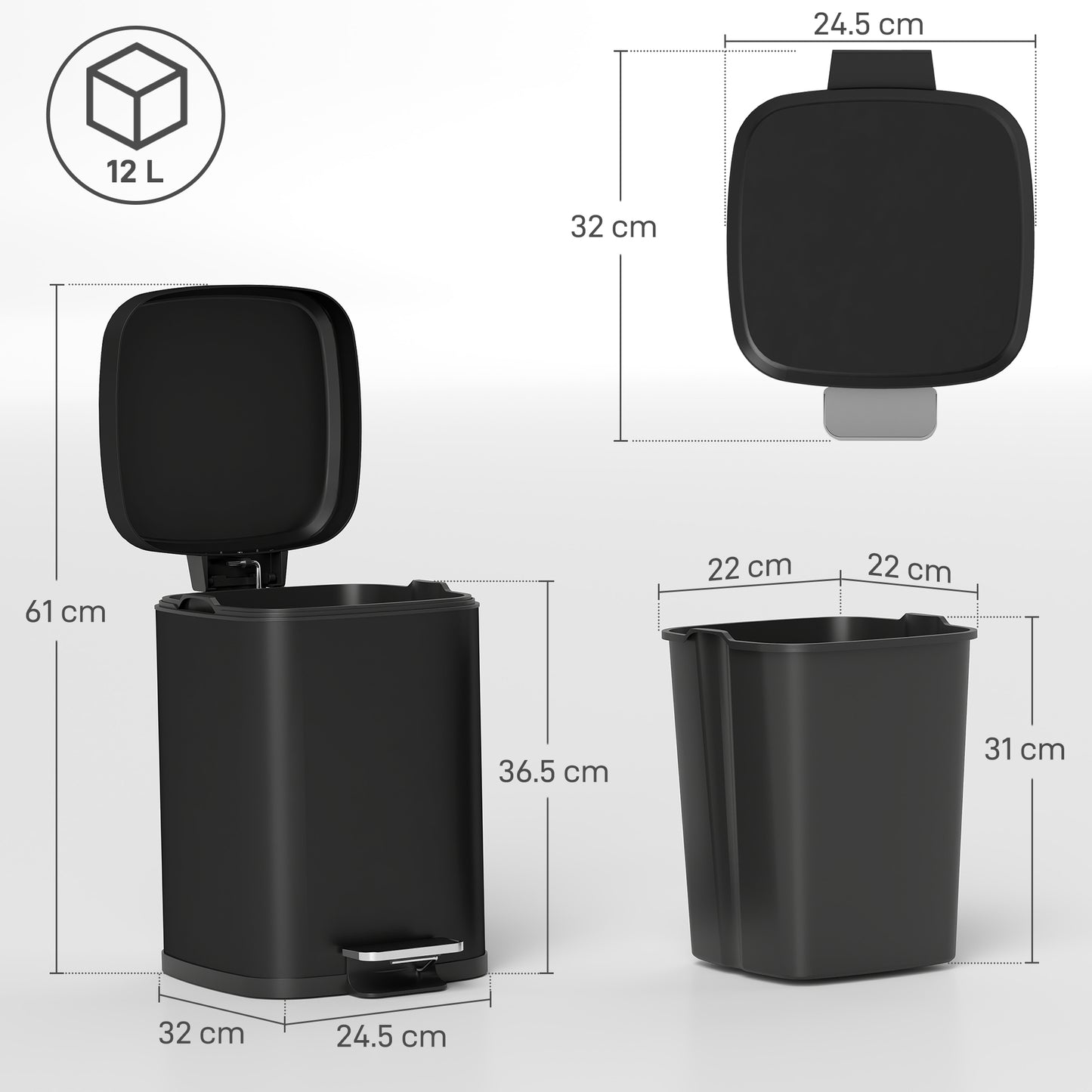 12L Modern Boxy Metal Home Kitchen Bin - Black