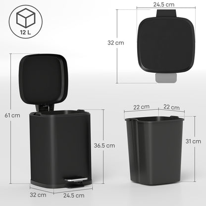 12L Modern Boxy Metal Home Kitchen Bin - Black