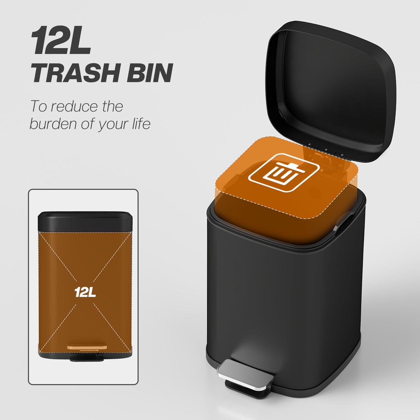 12L Modern Boxy Metal Home Kitchen Bin - Black